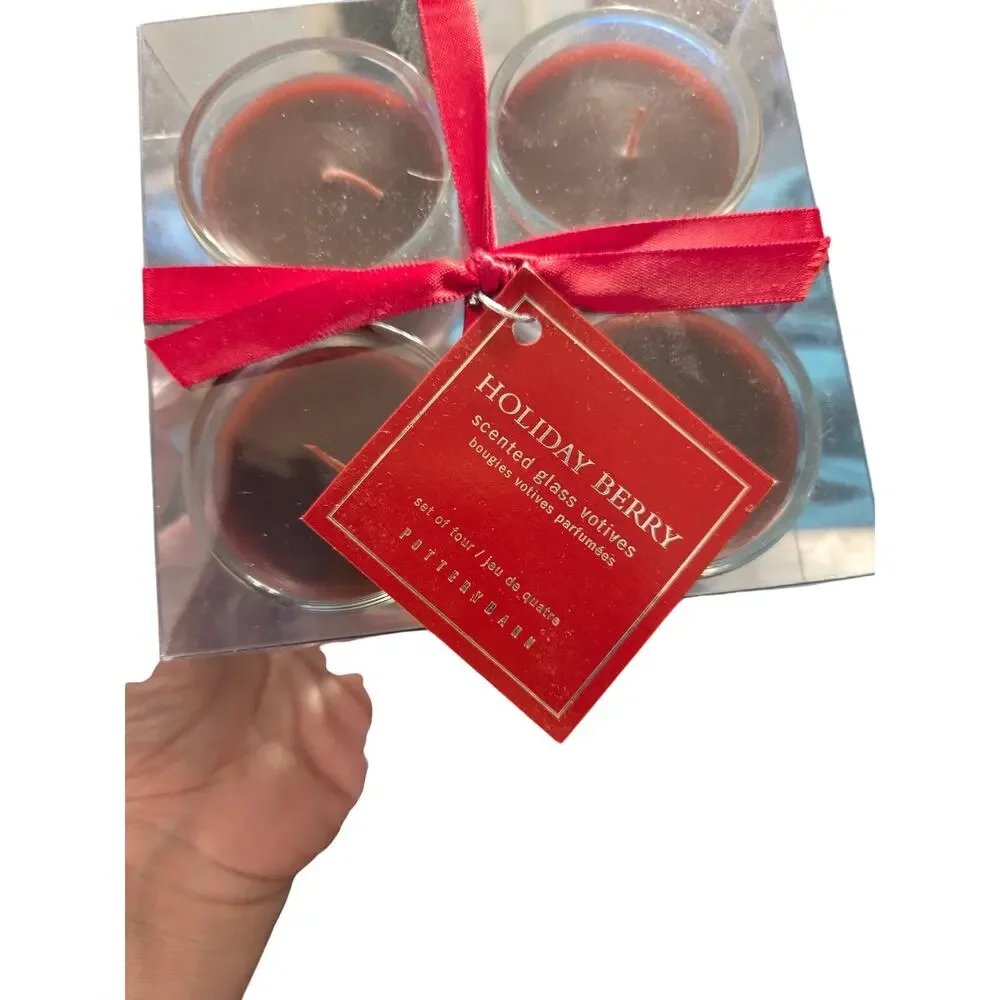 Pottery Barn Holiday Berry Scented Glass Votives Set of 4 New Unopened